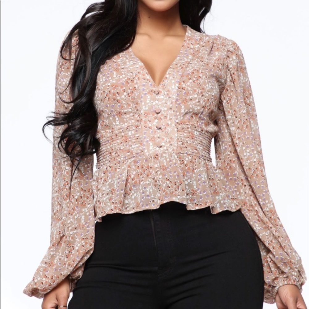 Fashion Nova Tan Floral Print Long Sleeve Faux Button-Up Peplum Blouse